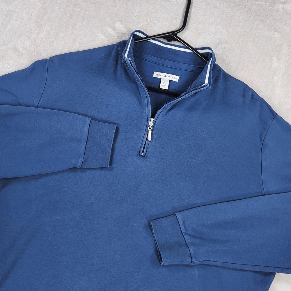 Peter Millar Mens Large Blue Pima Cotton 1/4 Zip Mock Neck Pullover MC00K31